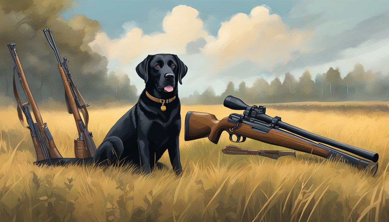 A black Labrador retriever sitting beside a hunter in a field, with a shotgun and training equipment nearby