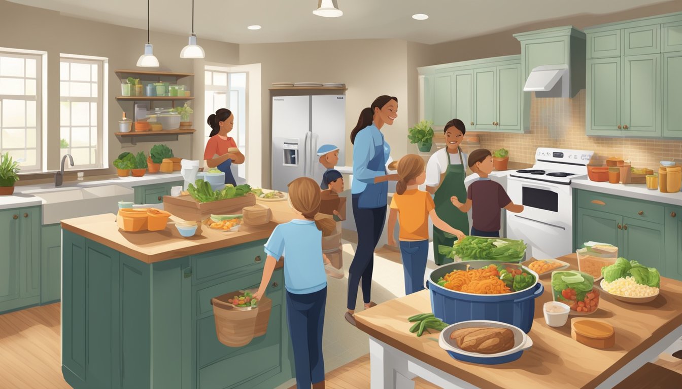 A bustling Texas kitchen with a compost bin and reusable containers, as a family carefully portions out meals and stores leftovers