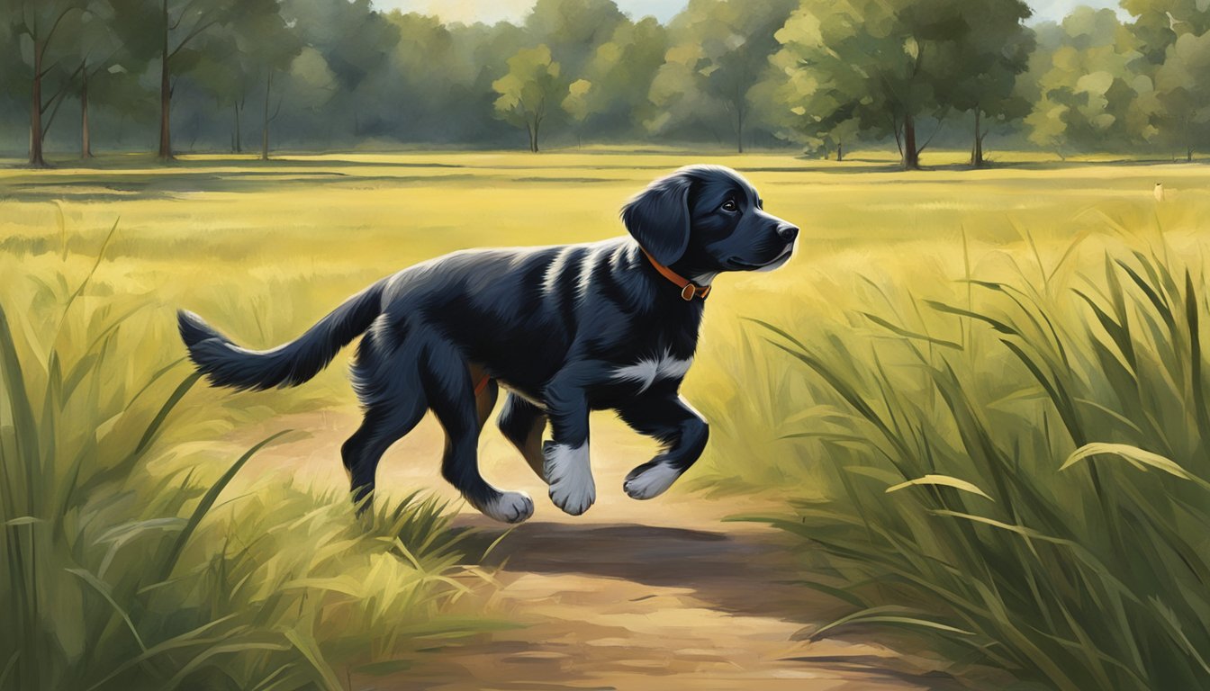 A young puppy eagerly follows its trainer through a lush Mississippi field, ready to begin gun dog training