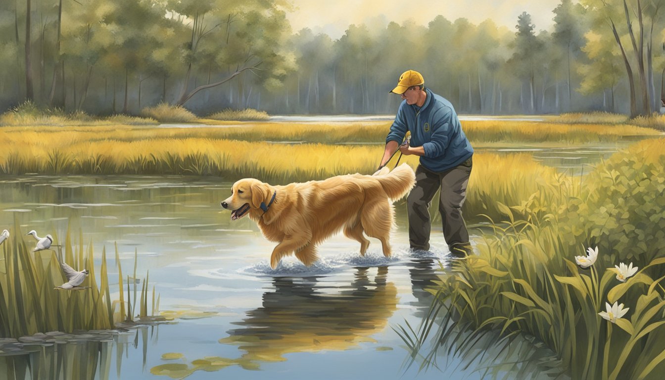 A golden retriever retrieves a duck from a marshy pond in a Michigan wetland, while the trainer watches closely