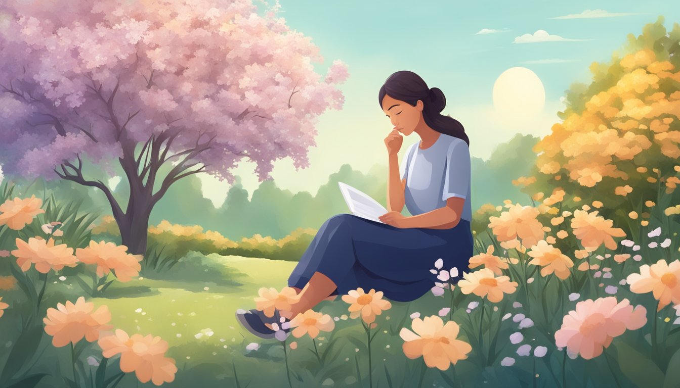 A person sitting in a peaceful garden surrounded by blooming flowers and trees, using natural remedies to manage their hay fever symptoms