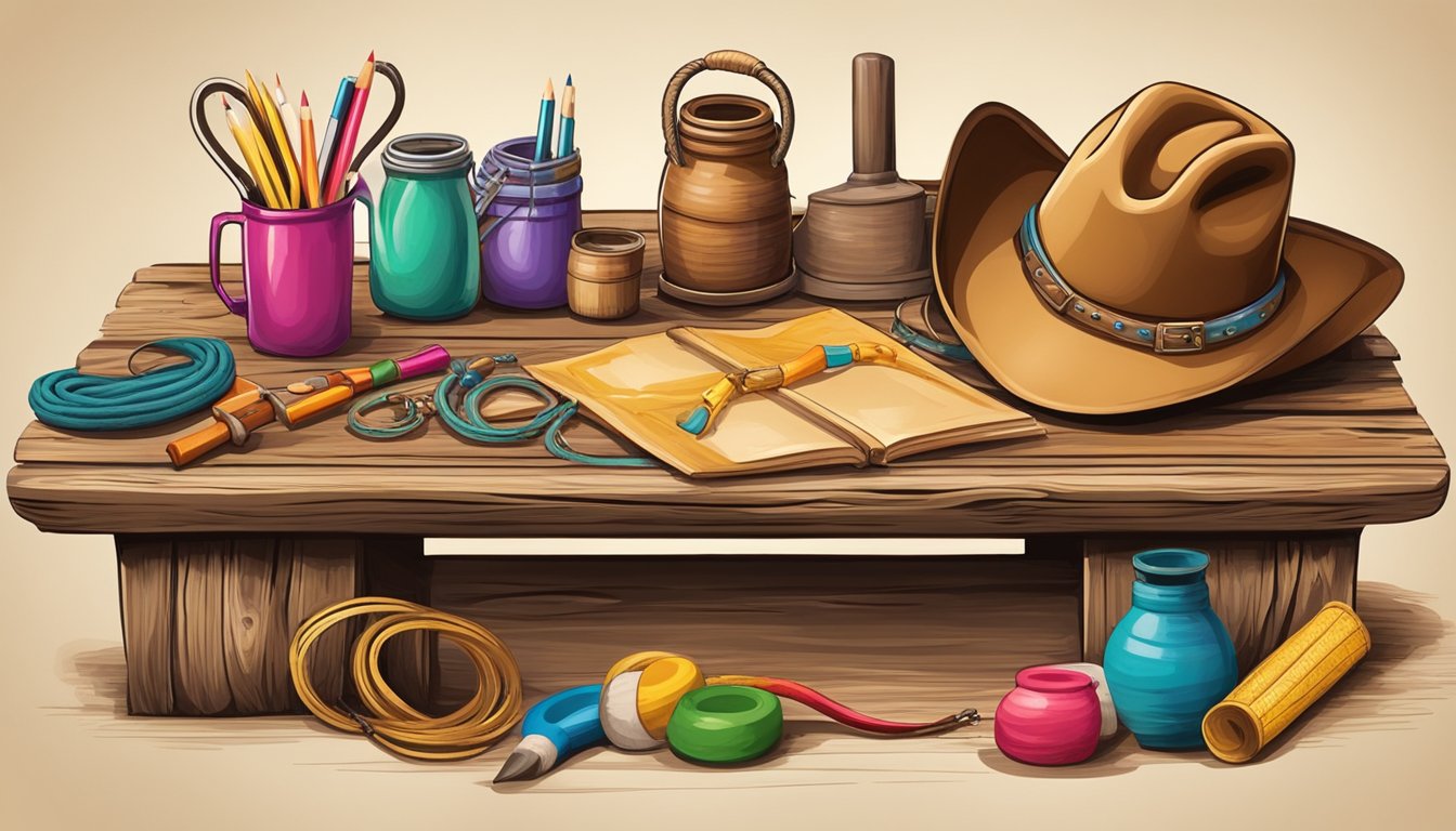 A rustic wooden table adorned with handmade cowboy-themed crafts, including a lasso, cowboy hat, and horseshoe decorations, surrounded by colorful art supplies