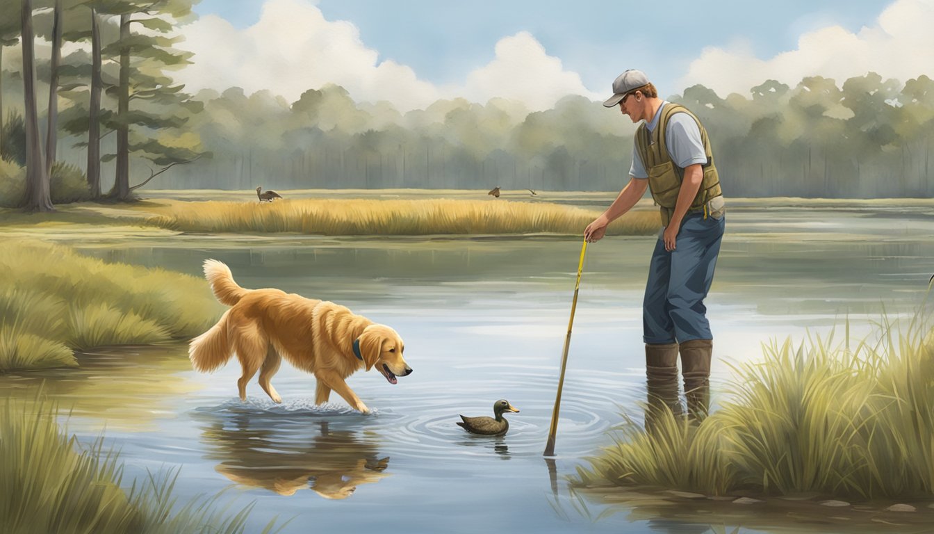 A golden retriever retrieves a duck from a pond, as a trainer watches from the shore in South Carolina