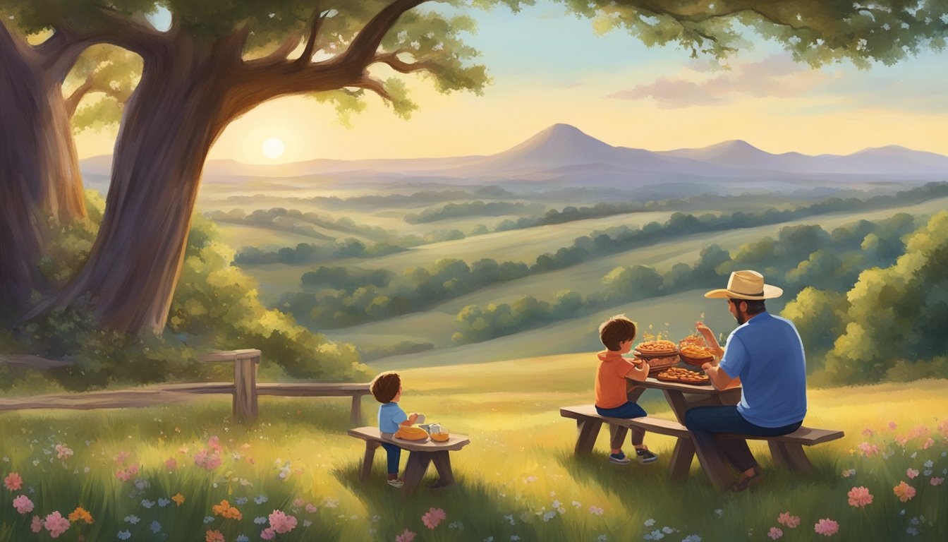 A father and child enjoying a Texas-style barbecue picnic under a big oak tree, surrounded by rolling hills and wildflowers