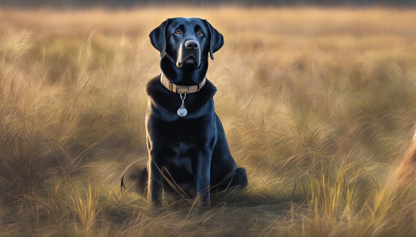 A Labrador retriever sits attentively as its trainer uses hand signals to command it during gun dog training in a field in South Carolina