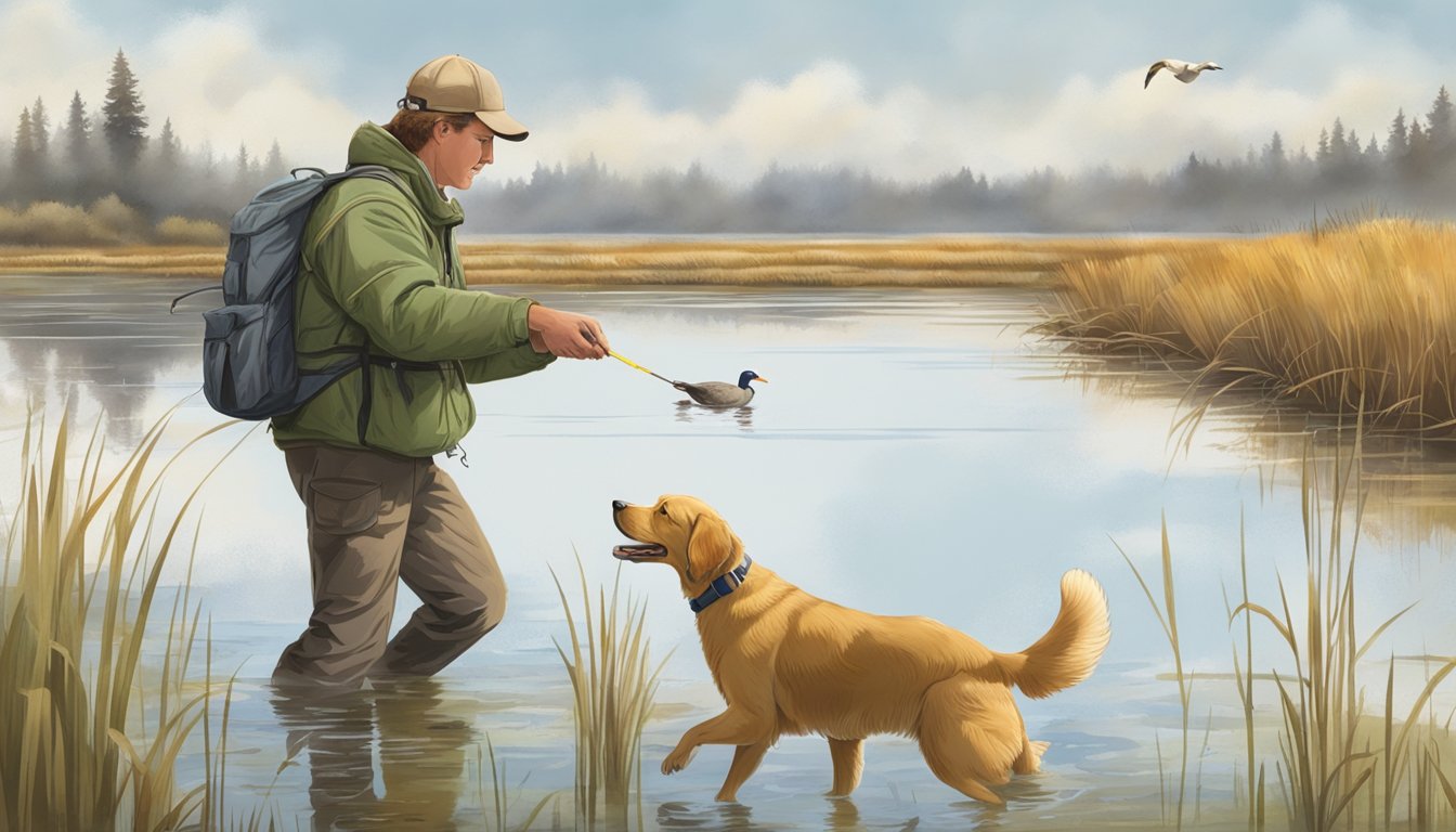 A retriever dog eagerly retrieves a duck from a marsh, as a trainer looks on with a whistle and hand signals