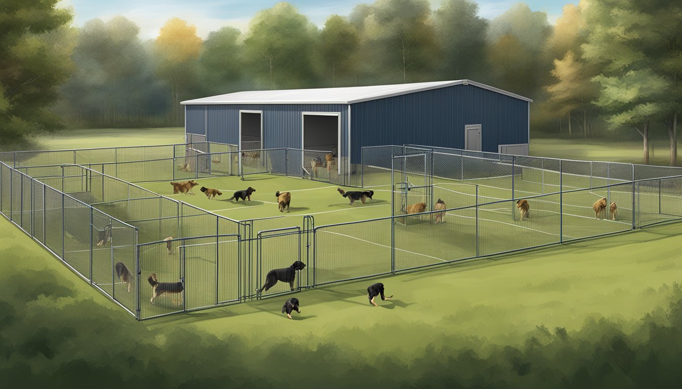 A kennel with multiple dog runs, training equipment, and a large open field for gun dog training in Michigan