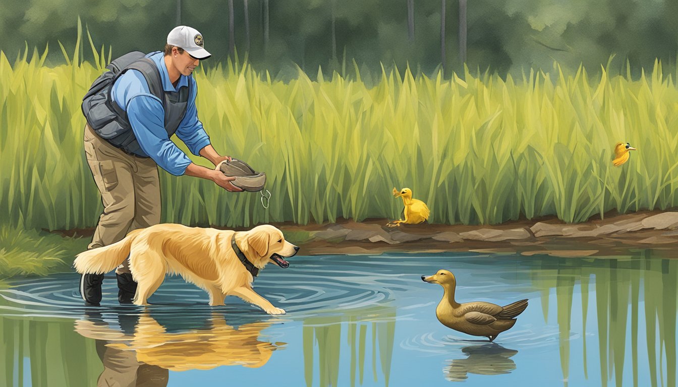 A golden retriever retrieves a duck from a pond, while a trainer watches from the shore at Advanced Training Concepts in South Carolina