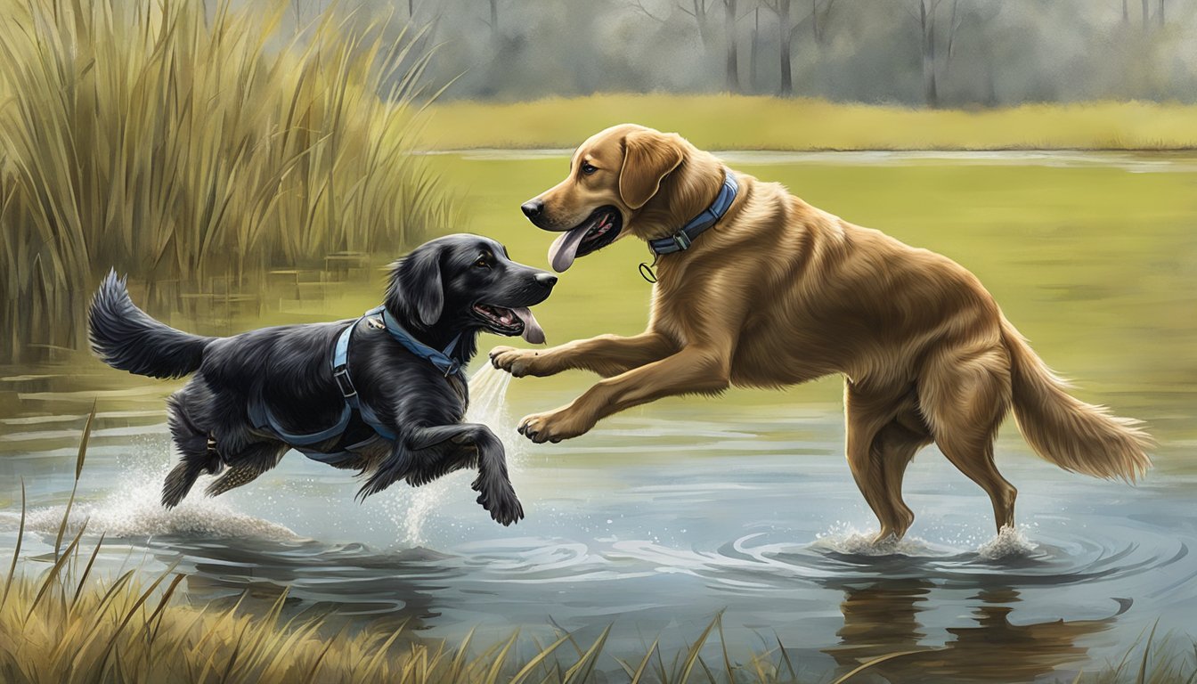 A retriever dog retrieves a duck from a pond during a training session at a Mississippi gun dog training facility