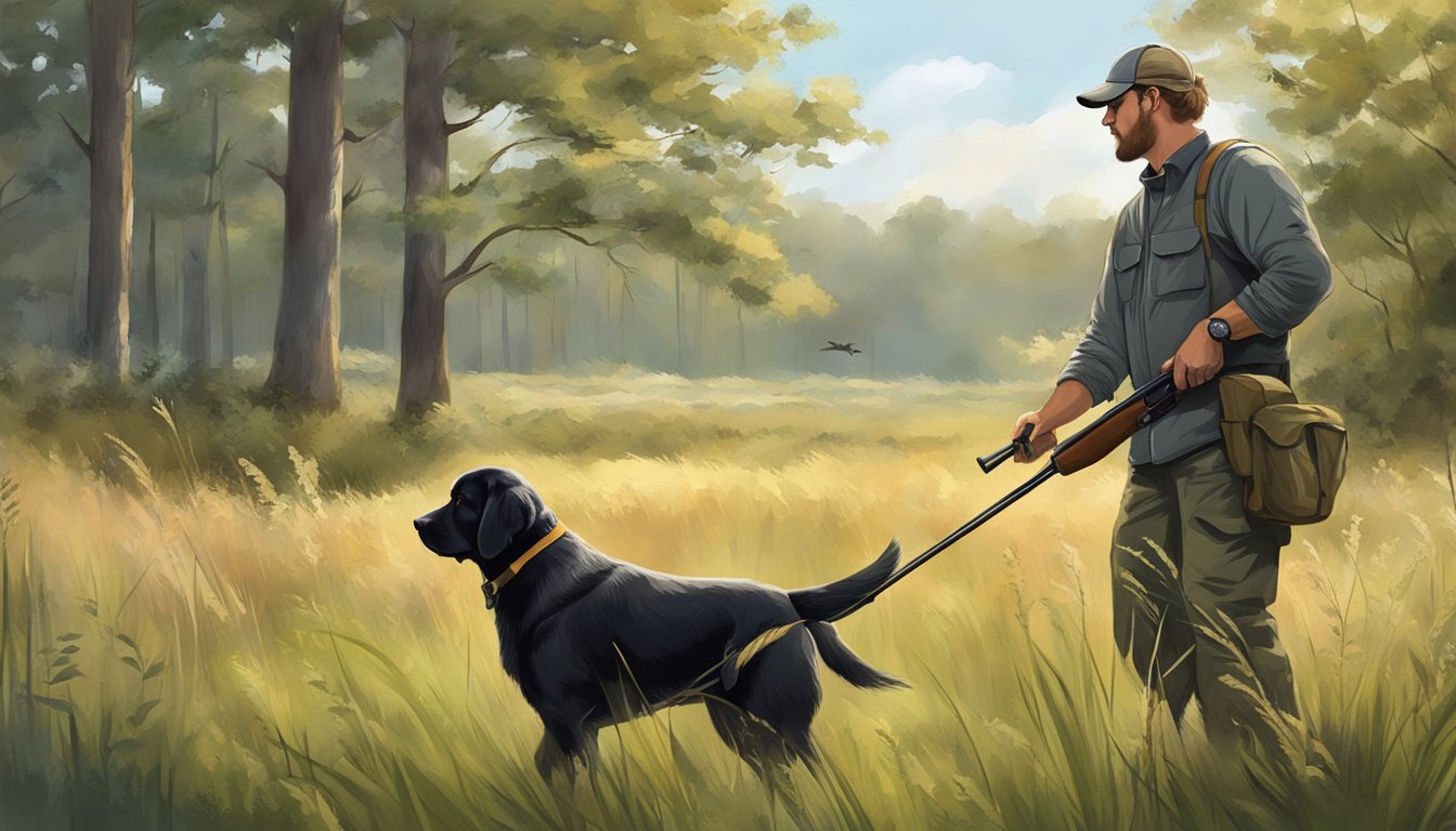 A gun dog trainer instructs a retriever in a field, surrounded by tall grass and trees, with a shotgun and training equipment nearby