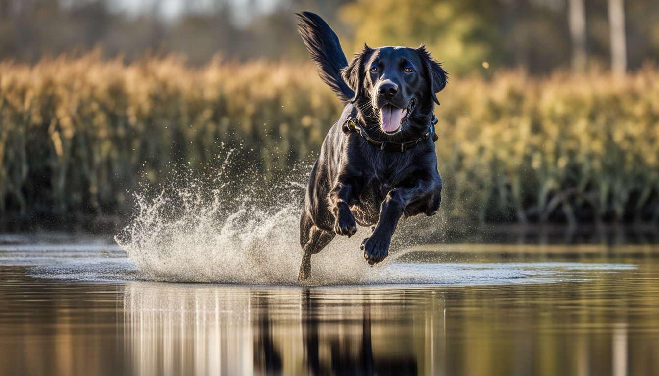 A retriever leaps into a pond to retrieve a duck during a gun dog training exercise in Mississippi