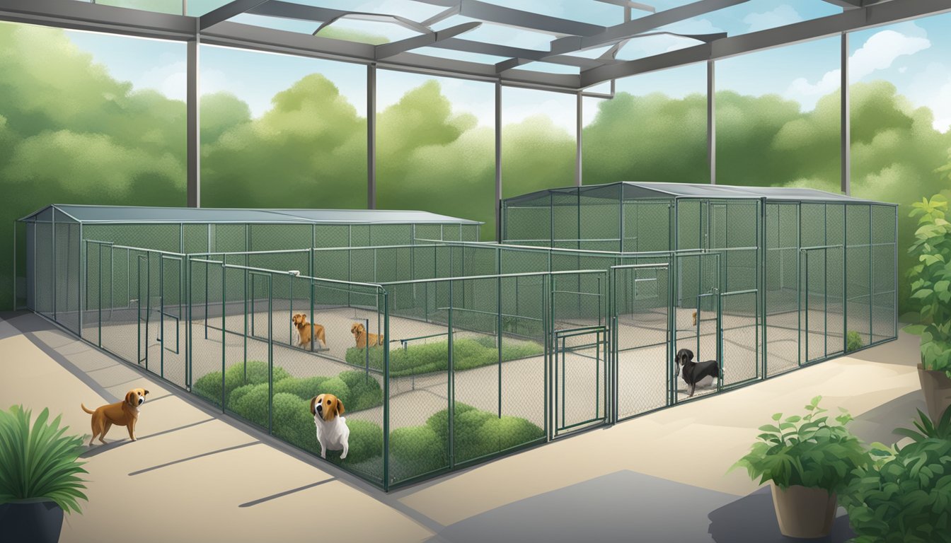 A spacious kennel with multiple dog runs, surrounded by lush greenery and training equipment