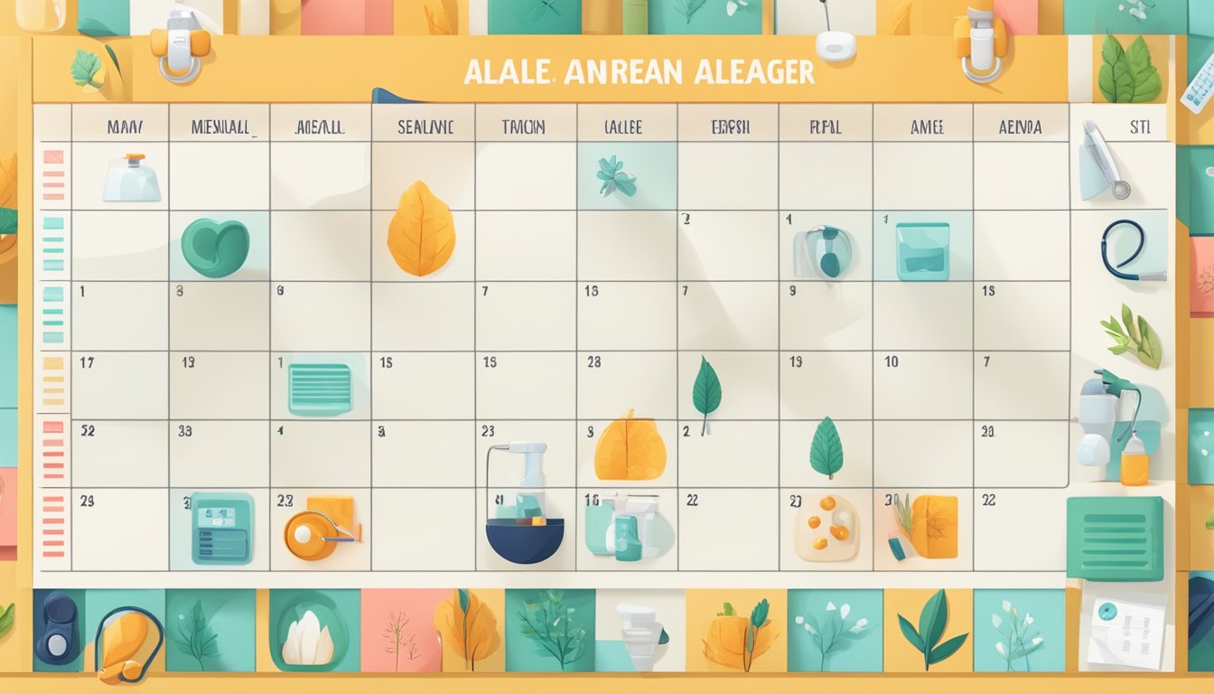 A colorful calendar with seasonal allergen icons arranged in a grid, surrounded by medical equipment and a doctor's stethoscope