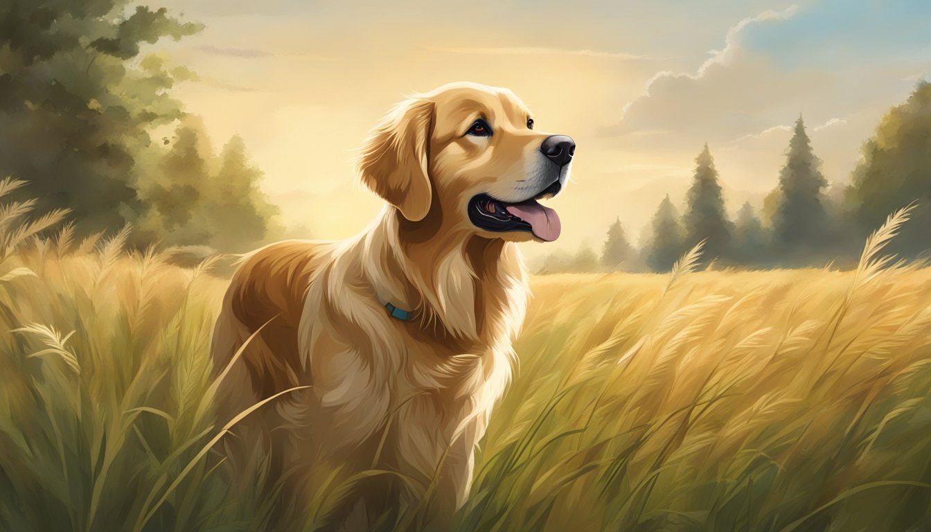 A golden retriever stands alert in a field, surrounded by tall grass and trees. A trainer holds a whistle and gestures toward the dog