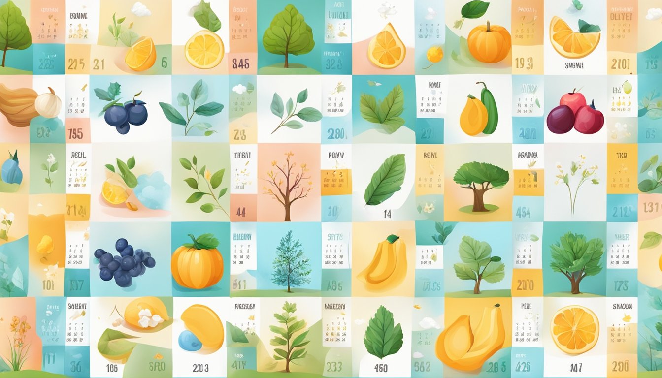 A colorful calendar with seasonal symbols and allergens arranged in a grid