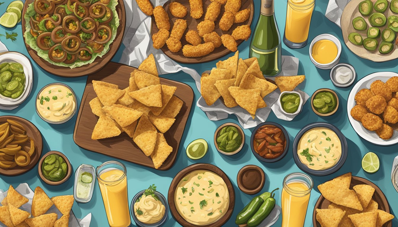 A table spread with Texas appetizers: loaded queso, spicy jalapeno poppers, and crispy fried pickles, surrounded by a lively gathering