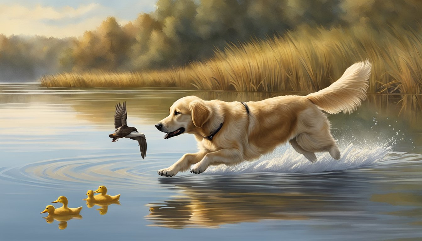 A golden retriever retrieves a duck from a calm Missouri lake during gun dog training