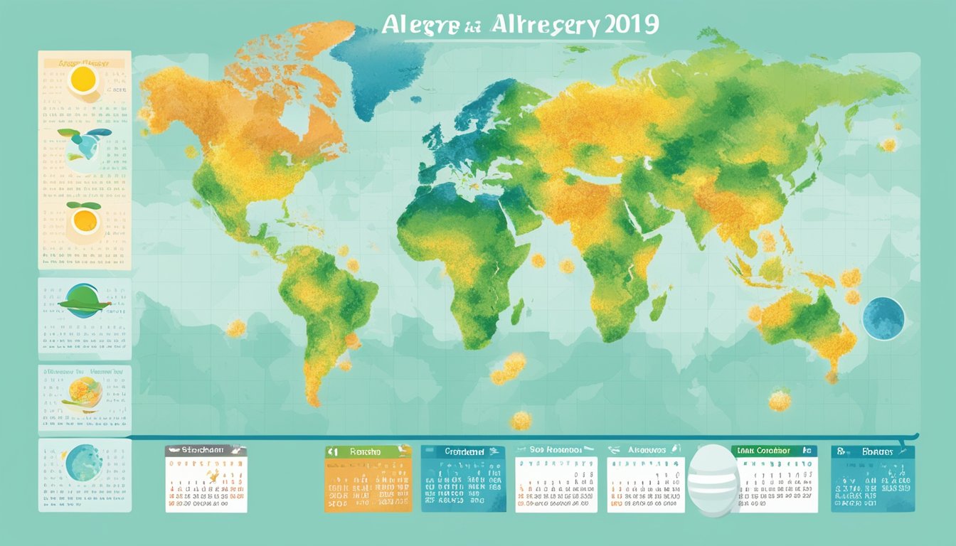 A colorful calendar with seasonal allergens mapped across the globe, showing the impact of climate change on allergy patterns