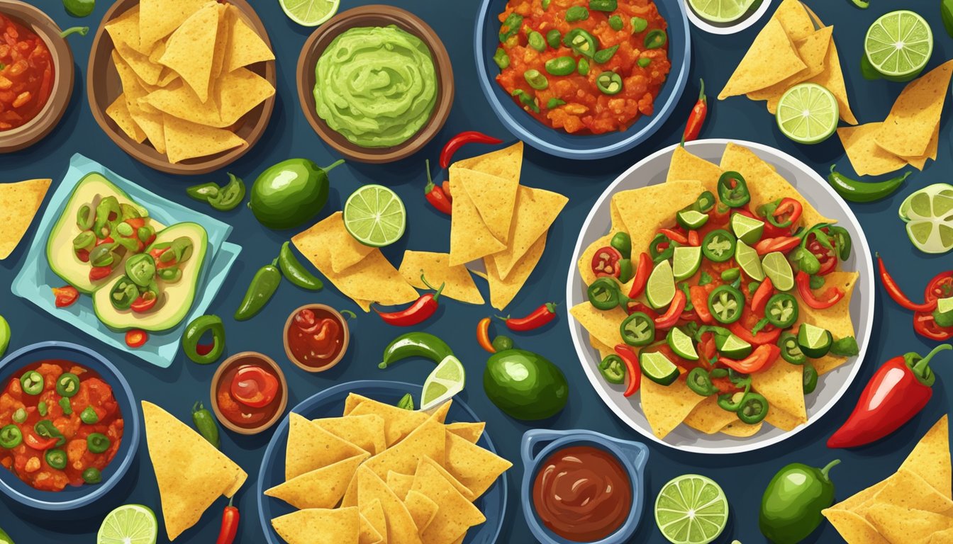 A table spread with vibrant Tex-Mex appetizers, including nachos, guacamole, salsa, and jalapeno poppers, all surrounded by colorful chili peppers and limes