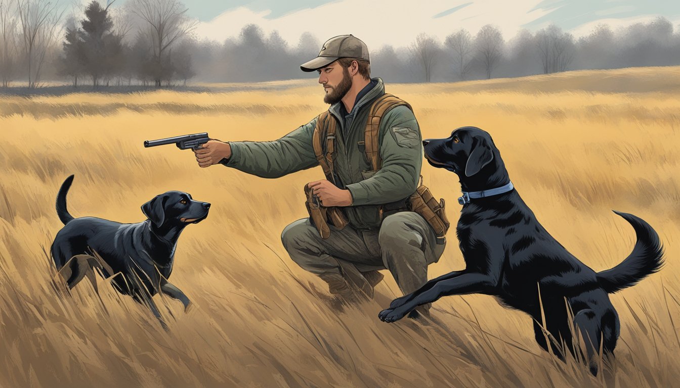 A hunter in Missouri trains their gun dog in a field, using hand signals and commands to direct the dog's retrieval and pointing skills