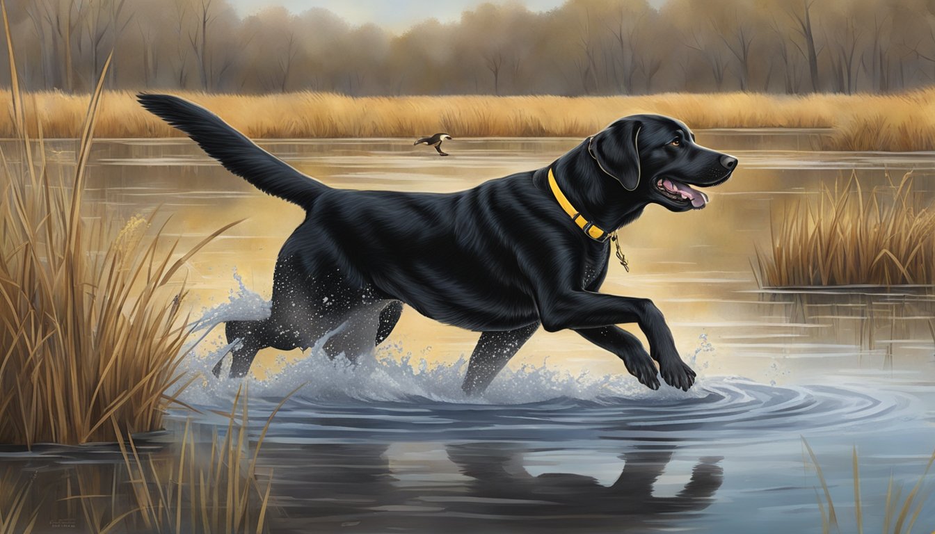 A Labrador retriever eagerly retrieves a fallen duck from a Texas marsh during gun dog training