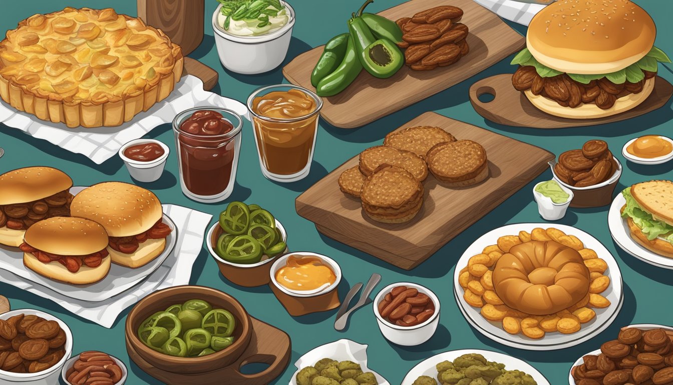 A table spread with a variety of savory and sweet Texas appetizers, including BBQ sliders, pecan pie, jalapeno poppers, and fried green tomatoes