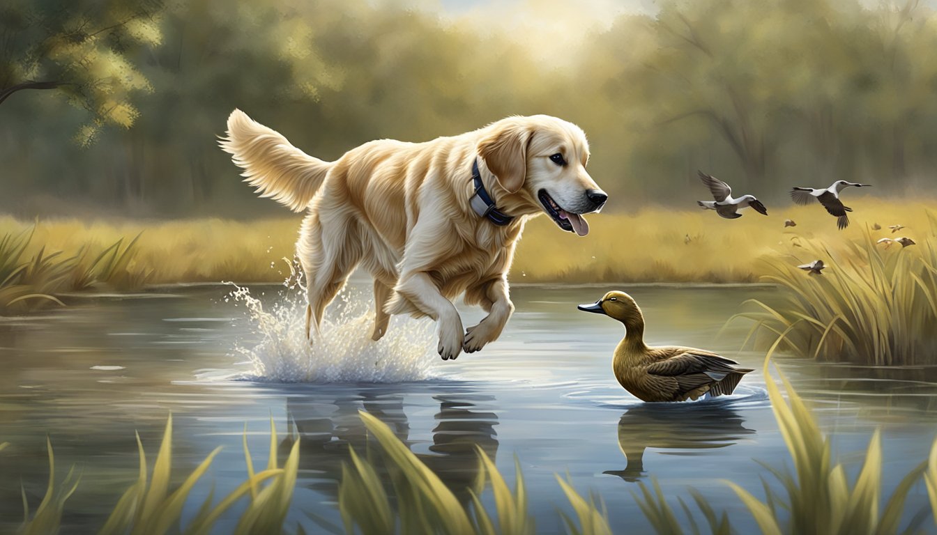 A golden retriever retrieves a duck from a pond during gun dog training in the Texas countryside