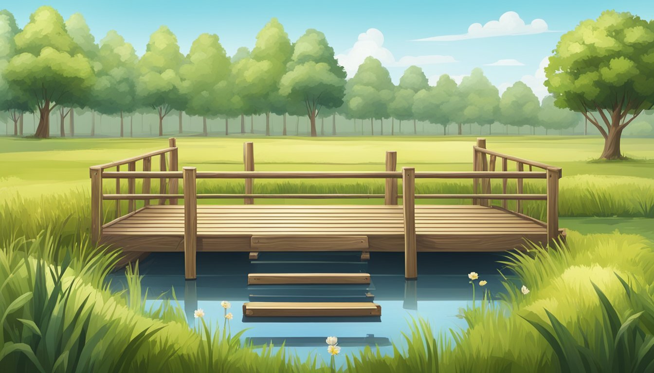 A field with a wooden training platform, a series of obstacles, and a small pond surrounded by tall grass