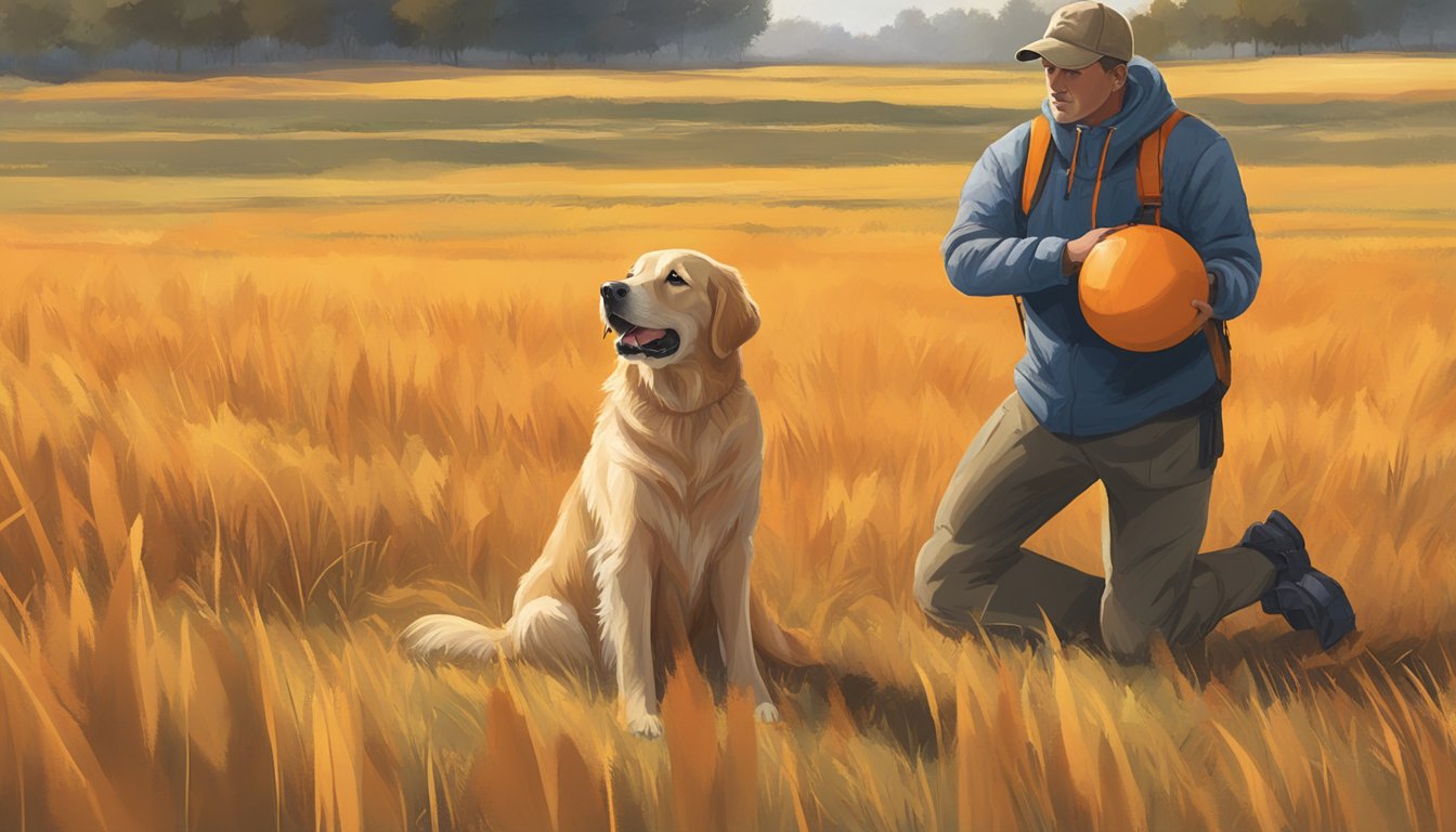 A golden retriever sits attentively in a Nebraska field, a bright orange training dummy held in its mouth. A trainer stands nearby, giving commands