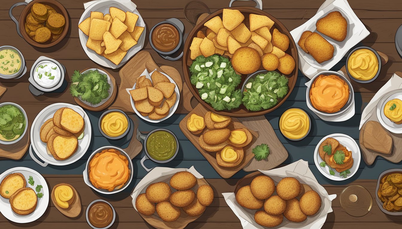 A table spread with a variety of Texan vegetarian appetizers, including loaded potato skins, fried pickles, and cornbread muffins