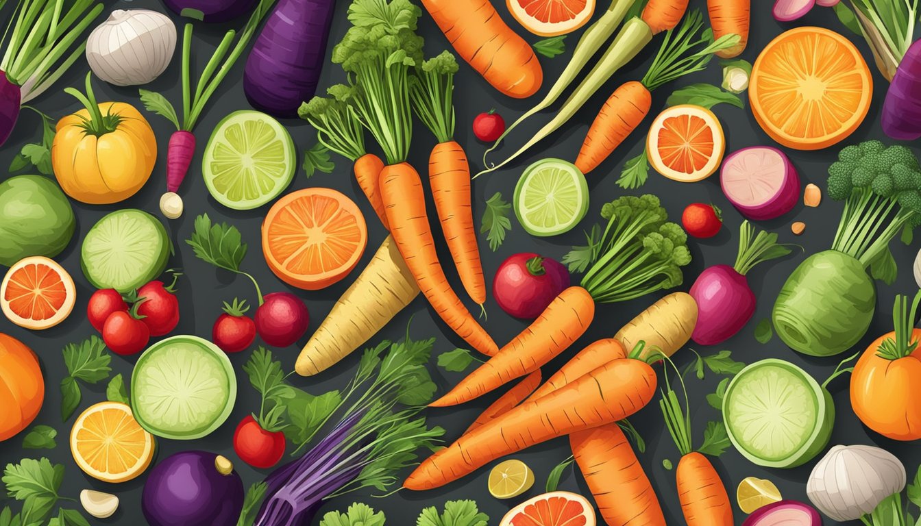 A colorful assortment of fresh carrots, surrounded by vibrant fruits and vegetables, with a variety of kitchen utensils and ingredients scattered around