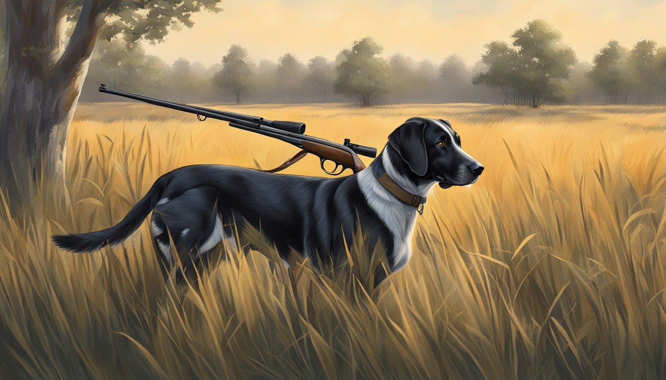 A hunting dog eagerly awaits commands in a Texas field, surrounded by tall grass and trees. A shotgun and training equipment lie nearby