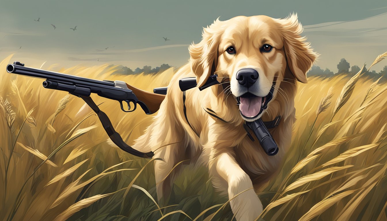 A golden retriever running through a field of tall grass with a shotgun and hunting gear in the background