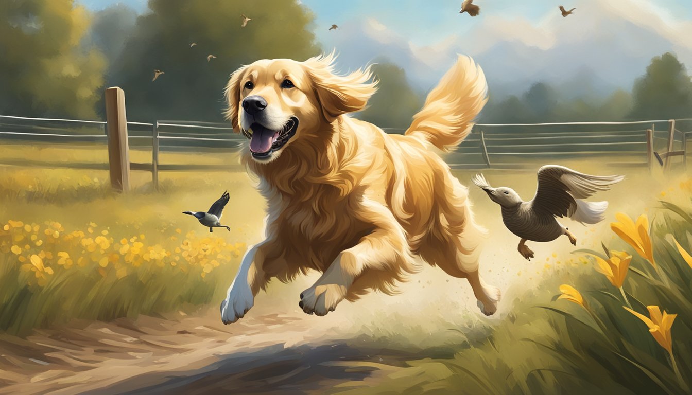 A golden retriever running through a field, leaping over hurdles and retrieving a duck decoy. A trainer stands in the background, giving commands