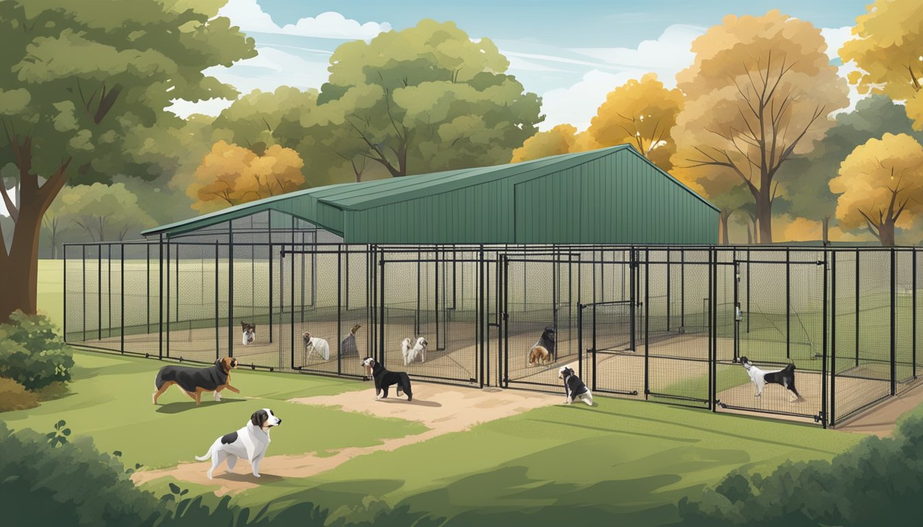 A spacious kennel with multiple dog runs, surrounded by open fields and wooded areas in rural Missouri