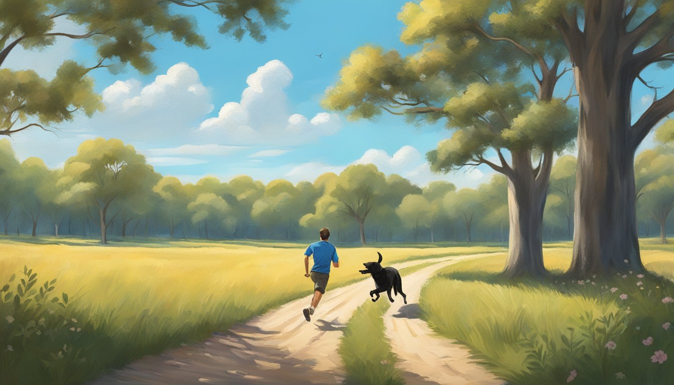 A dog running through an open field with a trainer in the distance, surrounded by trees and a clear blue sky in Texas