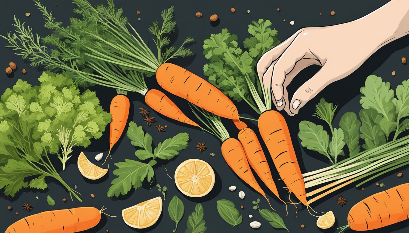 A hand reaching for organic carrots, surrounded by vibrant herbs and spices