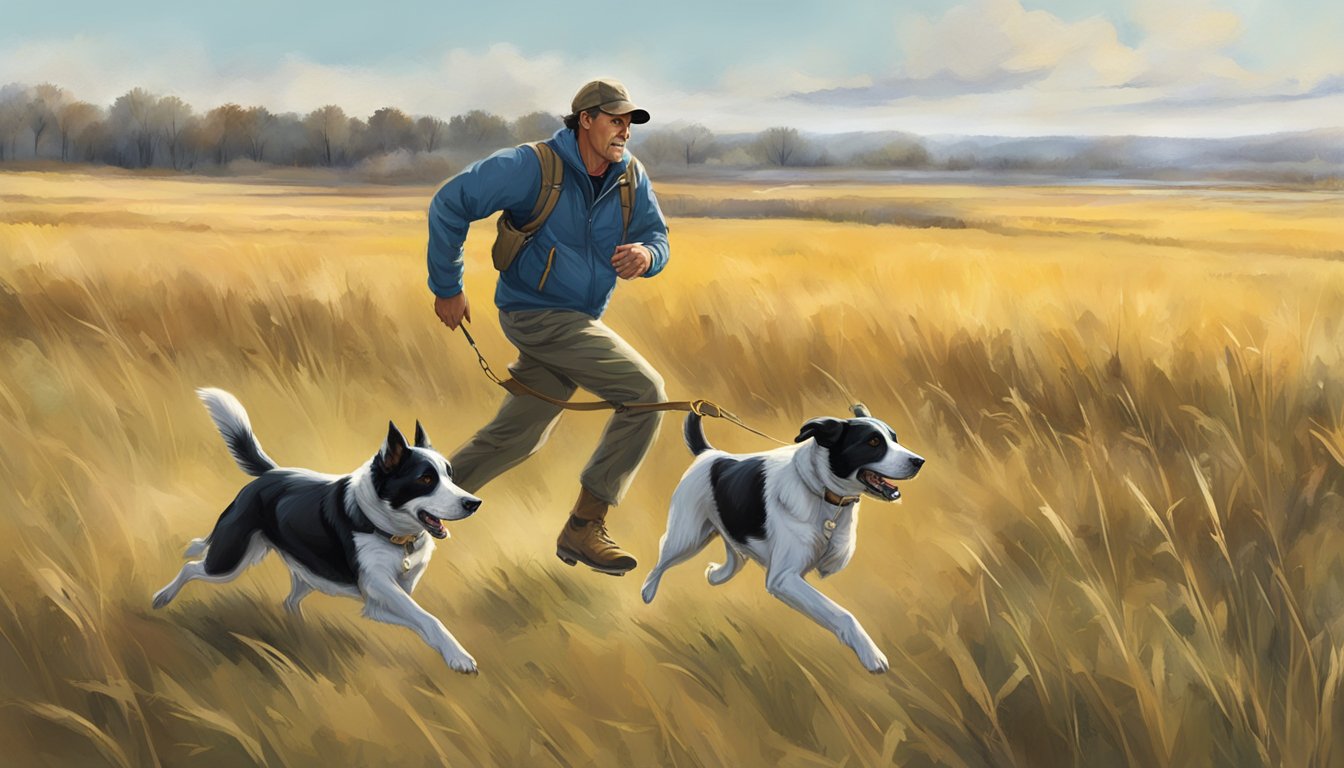 A hunting dog running through a field in Nebraska, with a trainer giving commands and guiding the dog's movements