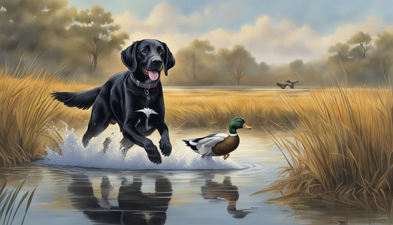 A gun dog retrieving a duck from a Texas marsh