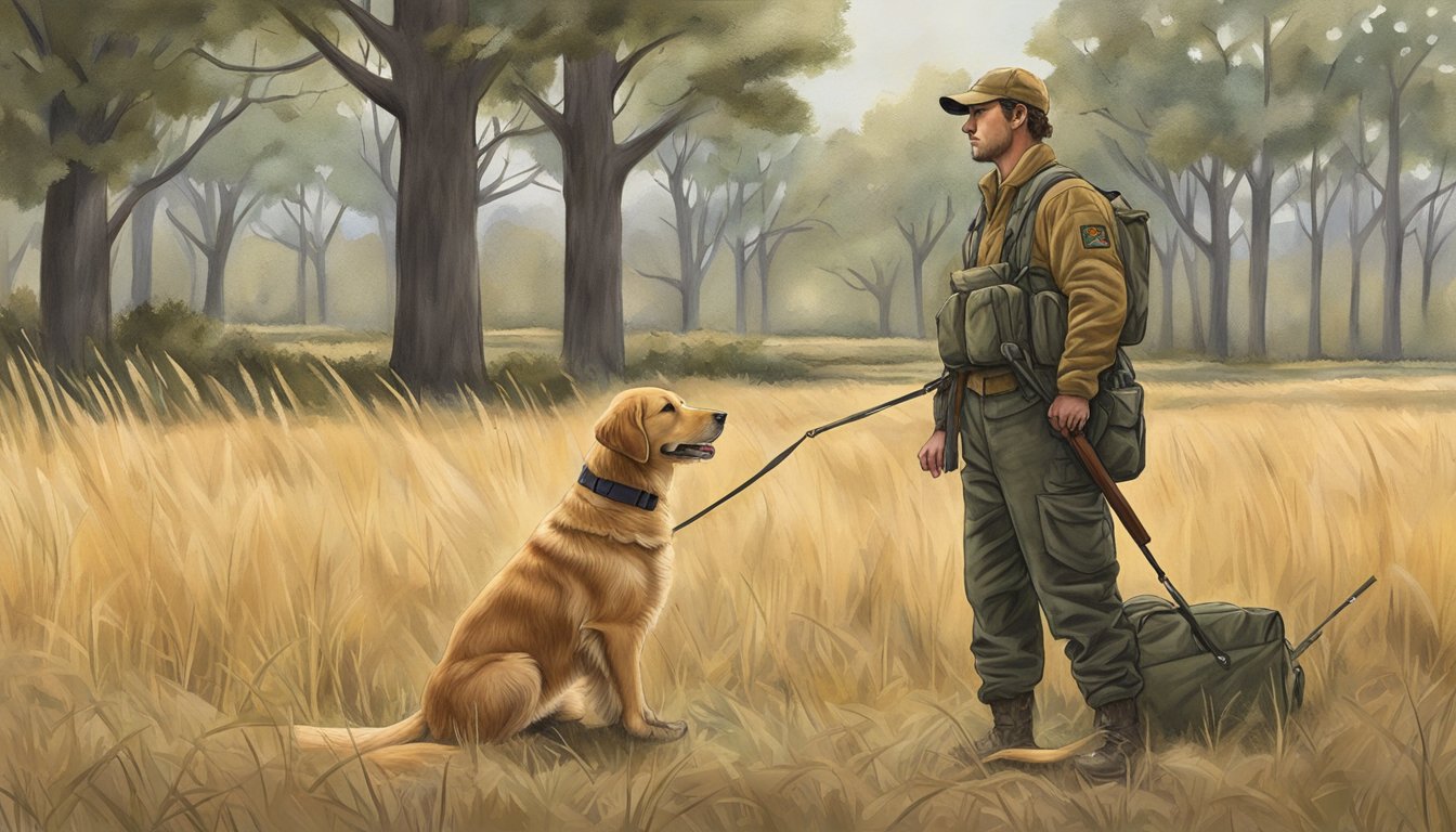 A golden retriever sits obediently by a hunter's side, surrounded by fields and forests in rural Nebraska. A training dummy is thrown into the distance, and the dog eagerly awaits the command to retrieve it