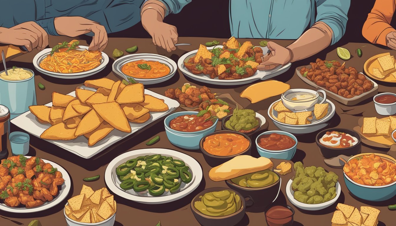 A table spread with a variety of Texas appetizers, including chili, queso, and jalapeno poppers, surrounded by a diverse group of people enjoying the tasty treats