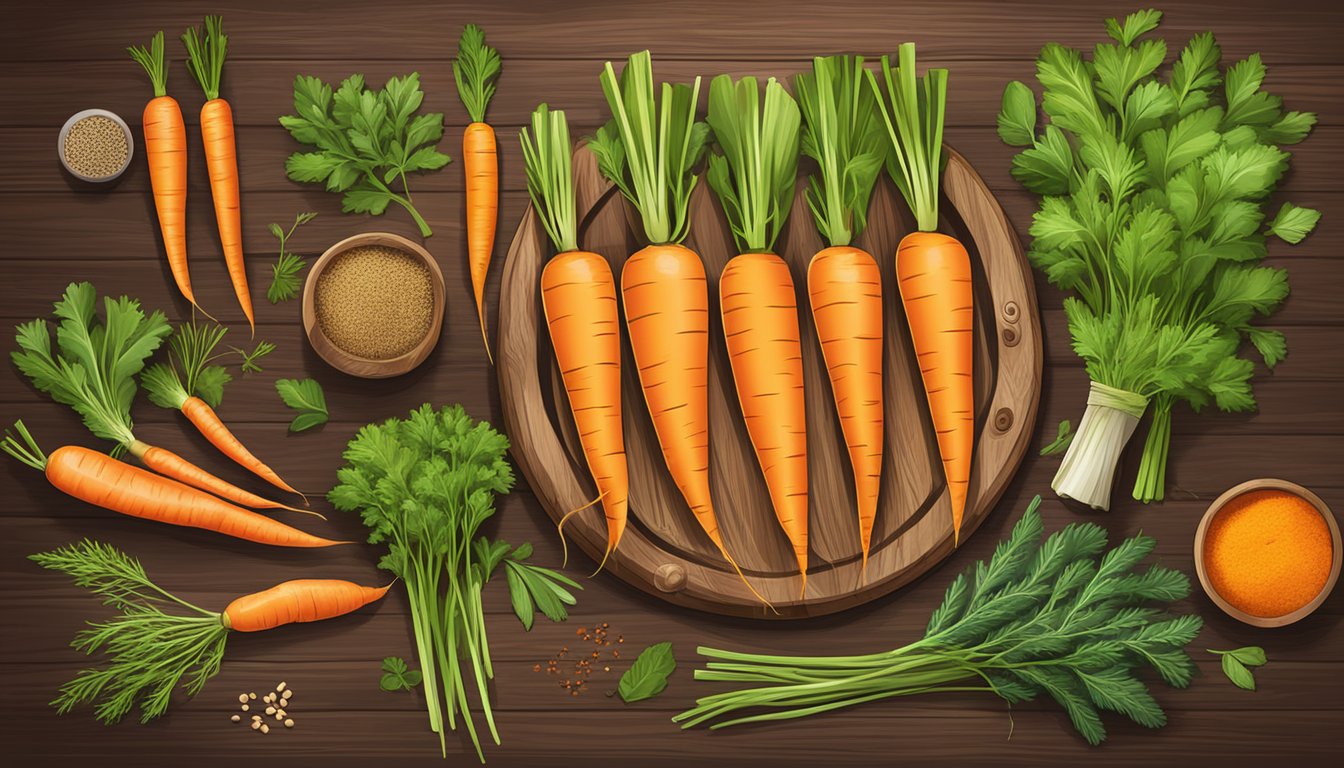 A colorful array of fresh carrots, vibrant green herbs, and a variety of spices arranged on a rustic wooden cutting board