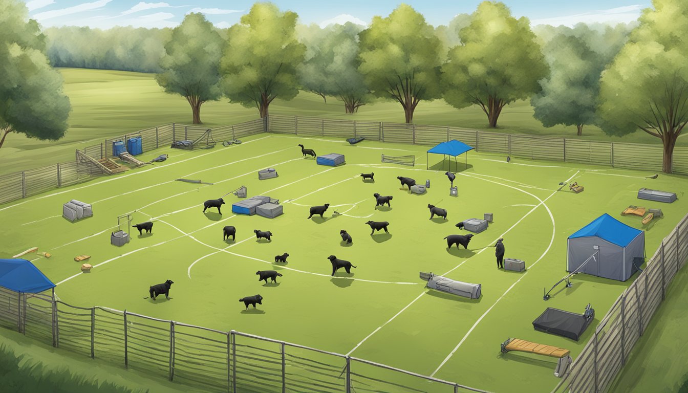 A dog training field in Nebraska, with a variety of equipment and gear such as whistles, dummies, and training collars scattered around the grassy area