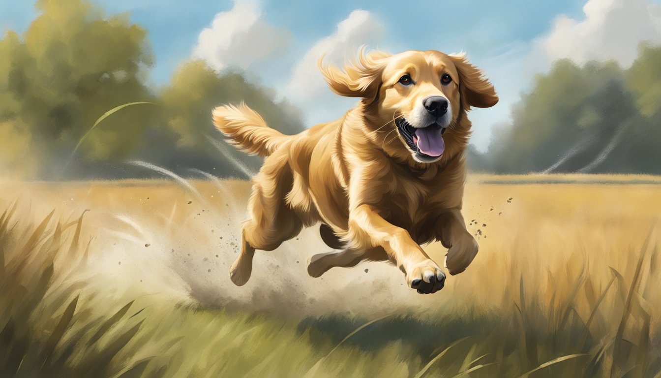 A retriever dog running through a field, jumping over obstacles, and retrieving objects in a gun dog training competition in Missouri