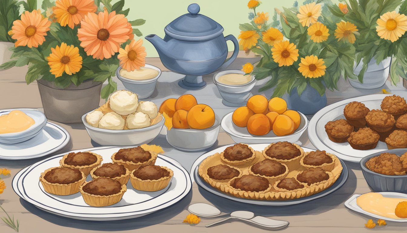 A table spread with mini pecan pies, peach cobbler bites, and fried ice cream balls, surrounded by Texas wildflowers