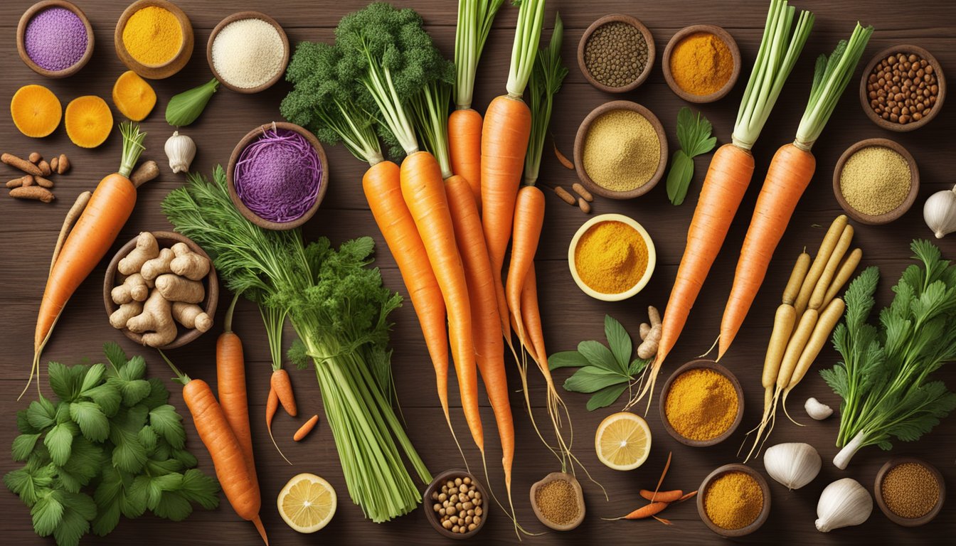 A colorful array of carrots, ginger, turmeric, and other immune-boosting ingredients arranged on a rustic wooden table, surrounded by fresh herbs and spices