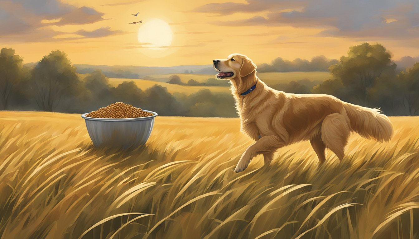 A golden retriever retrieves a pheasant in a Nebraska field, surrounded by bowls of nutritious dog food