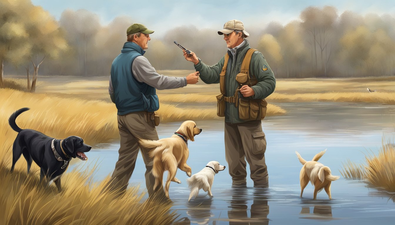 An open field with a professional gun dog trainer instructing a retriever to fetch a bird. The trainer holds a whistle and gestures with a hand