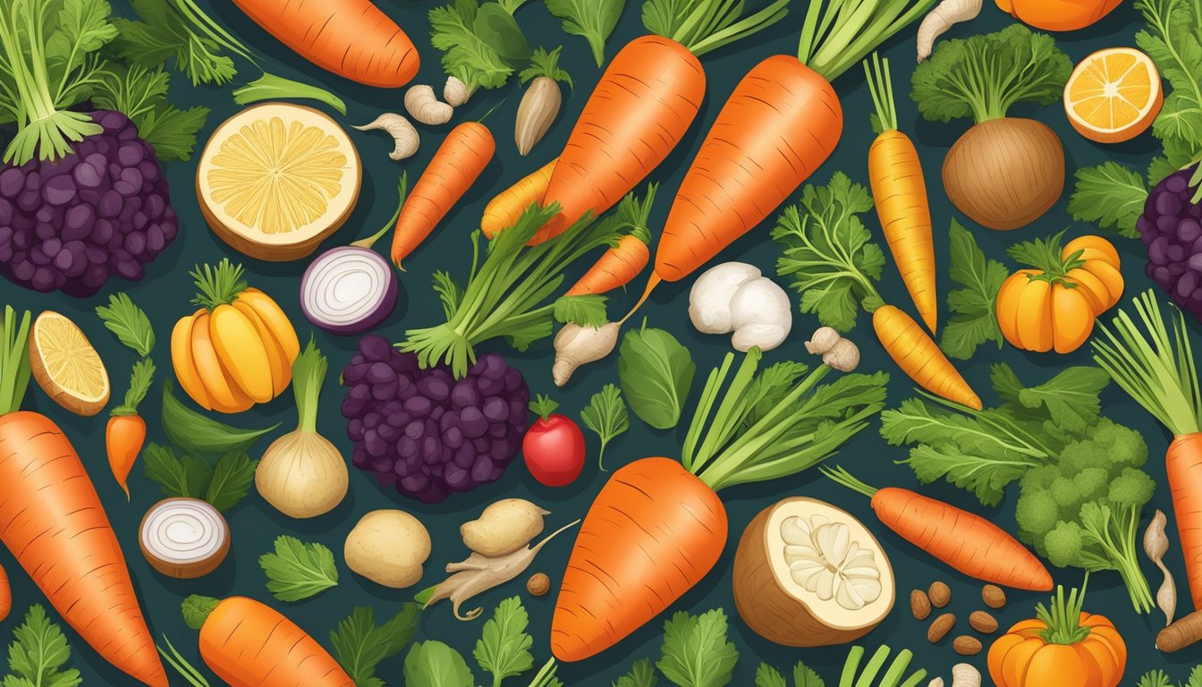 A colorful array of carrots, ginger, and turmeric surrounded by vibrant fruits and vegetables, with a variety of cooking utensils and spices nearby