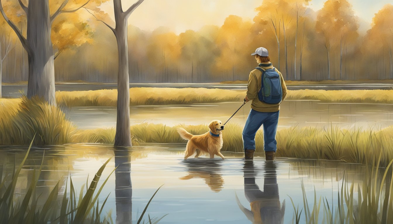 A golden retriever eagerly retrieves a duck from a calm, marshy pond, while a trainer watches from the shoreline